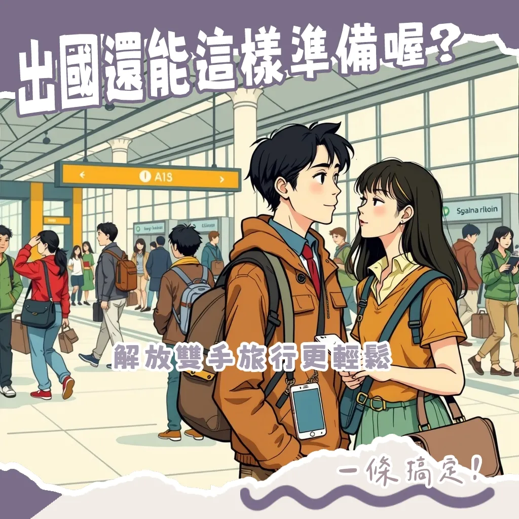 出國手機吊繩使用情境圖,展示旅行者斜背手機輕鬆拍照與防盜的便利好處。