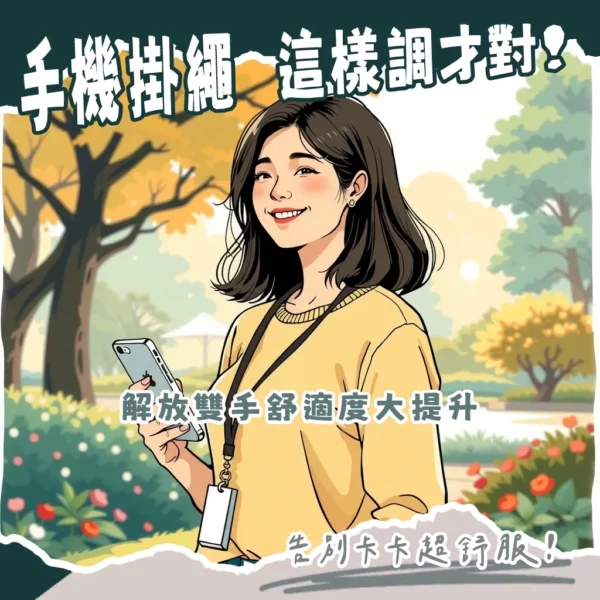 手機掛繩調整長度示意圖，展示不同調節扣與繩結的調整方式，確保使用舒適與便利。