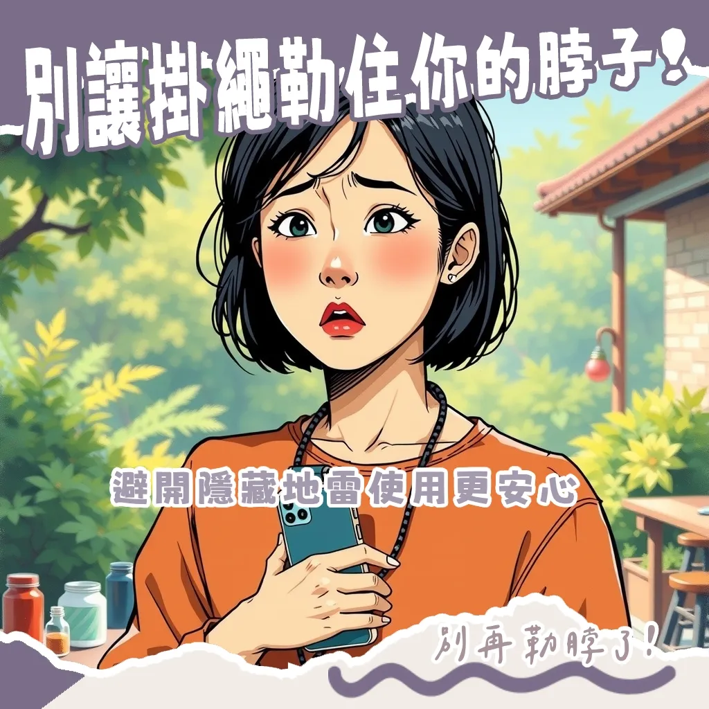 手機掛繩缺點與解決方案圖解，包含掛繩斷裂風險、肩頸痠痛、充電孔干涉、手機刮傷等問題，並提出寬版減壓、優質夾片等選購指南。