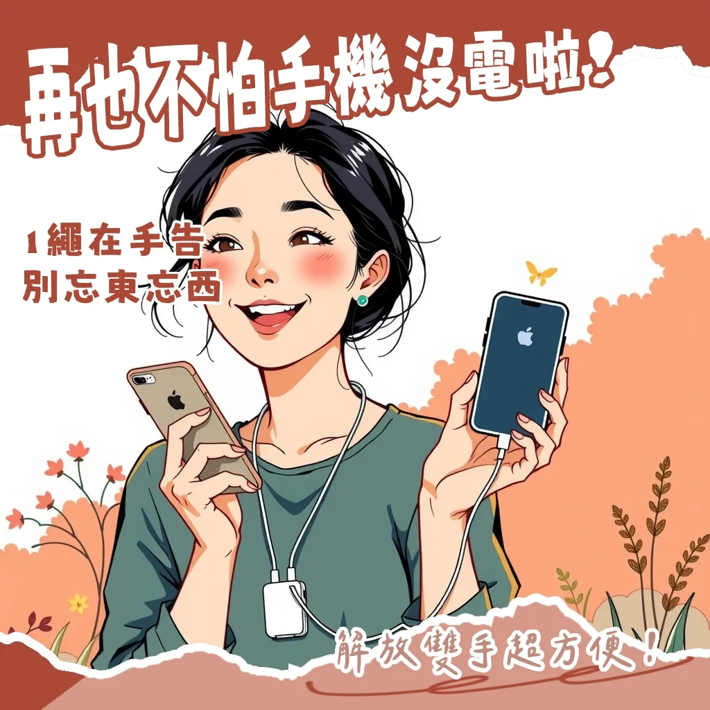 手機掛繩充電線多功能應用示意圖,展示其作為頸掛斜背包同時能充電的便攜性與實用性,輔以PD快充等技術大綱。