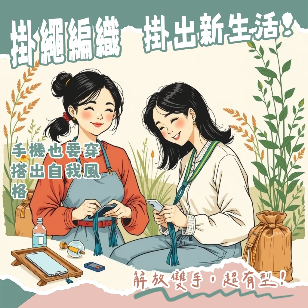 手機掛繩編織款式總覽：機能戶外風與手作溫潤風比較，包含材質與佩戴體驗，以及DIY編織教學示範圖。