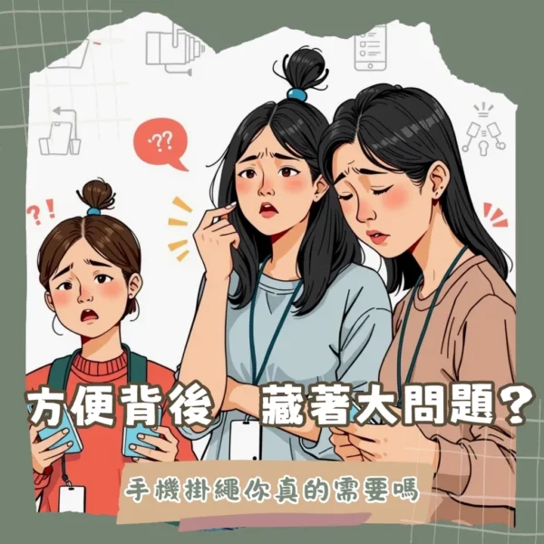 手機掛繩缺點解析圖，包含肩頸痠痛、夾片影響充電及手機掉落風險示意。