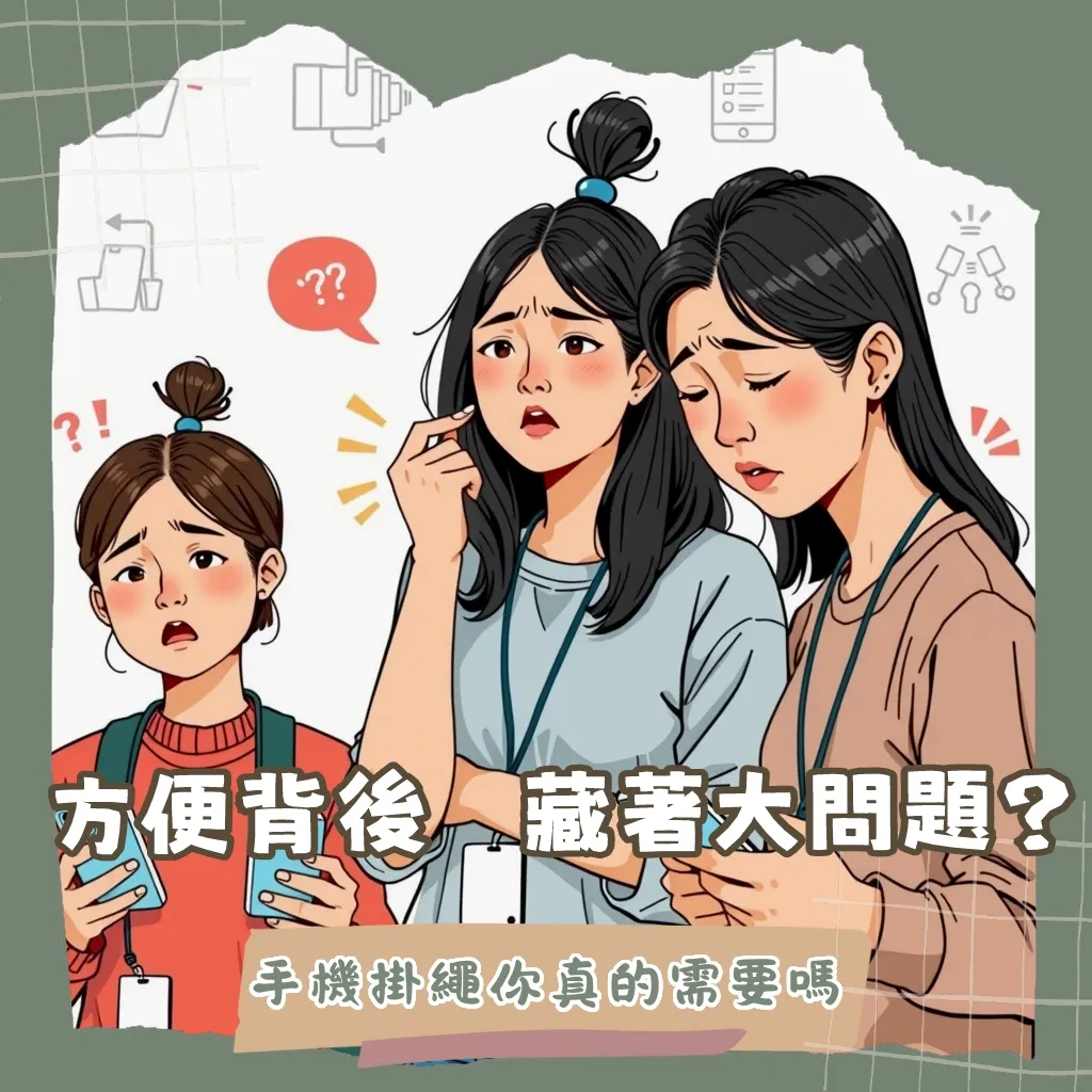 手機掛繩缺點解析圖,包含肩頸痠痛、夾片影響充電及手機掉落風險示意。
