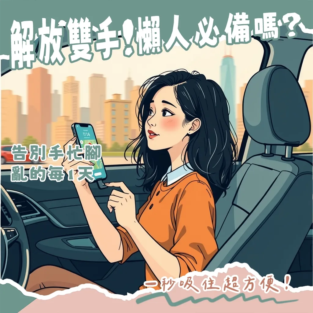 磁吸手機架多種款式圖，包含桌面、車用、便攜式，展示其無線充電與穩固吸附功能。