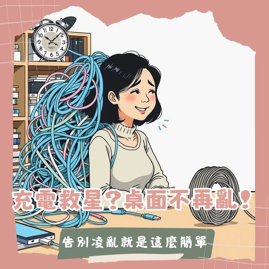 一條整齊捲起的磁吸收納充電線放置在辦公桌上，展示其線材整理功能與整潔感，解決充電線雜亂的困擾。
