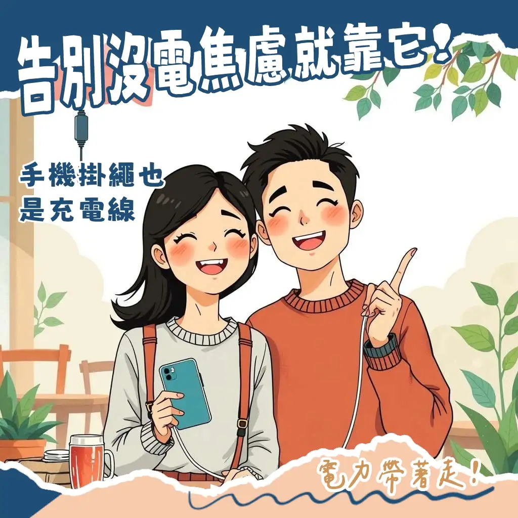 手機掛繩充電線,多功能二合一設計,支援快充與多種接頭,輕巧實用,是通勤與旅行的時尚配件。