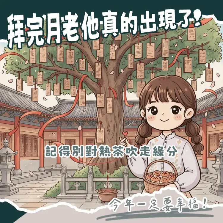 拜月老流程示意圖，包含供品準備、龍山寺與霞海城隍廟參拜畫面及紅線祈求步驟。